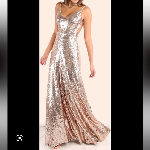 slim fit dress slacks Kate Kasin Rose Gold Sequin Maxi Gown Dress NWT